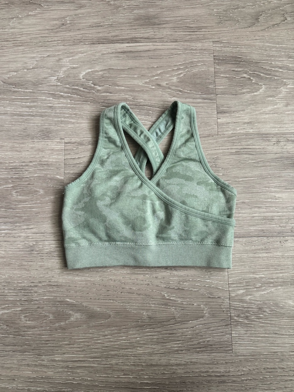 Camo-Pattern Sage Green Cross-Back Sports Bra